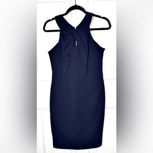EUC NY&Co. Navy Blue Pleated Neck Sleeveless Dress Size S. Back Silver Full Zip